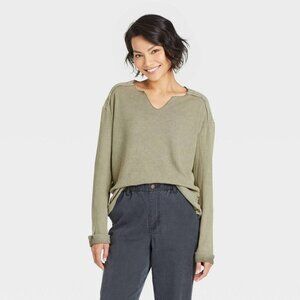 Knox Rose Top Green Lace Waffle Knit Thermal V Neck Long Sleeve NWT